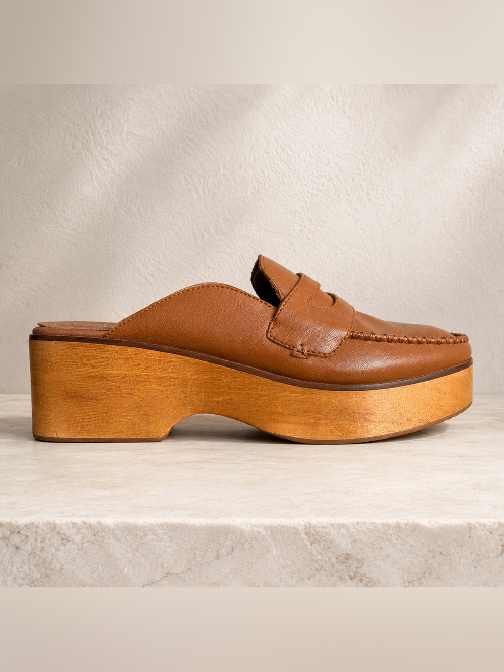 Kelsi Dagger Tan Leather wood Platform Mule Clog - Picture 1 of 5
